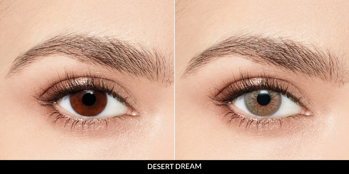 Quarterly Desio desert dream 2 tone contact lenses from the Sensual Beauty Collection, compatible with all prescriptions for a natural, alluring look.