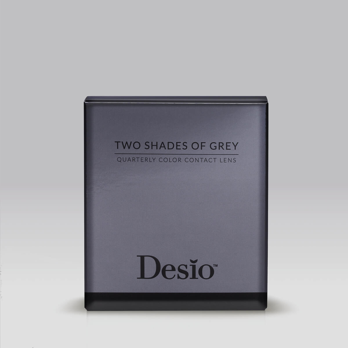 Two-shade of grey Desio colored contact lenses box for myopia, hyperopia, and astigmatism, including a plano option for subtle, natural eye elevation.