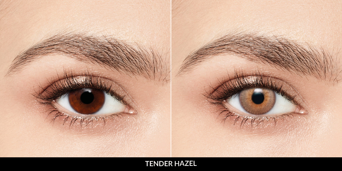 Desio quarterly 3-tone hazel contact lenses with a soft amber gradient, delivering a warm, natural eye enhancement with full vision correction options.