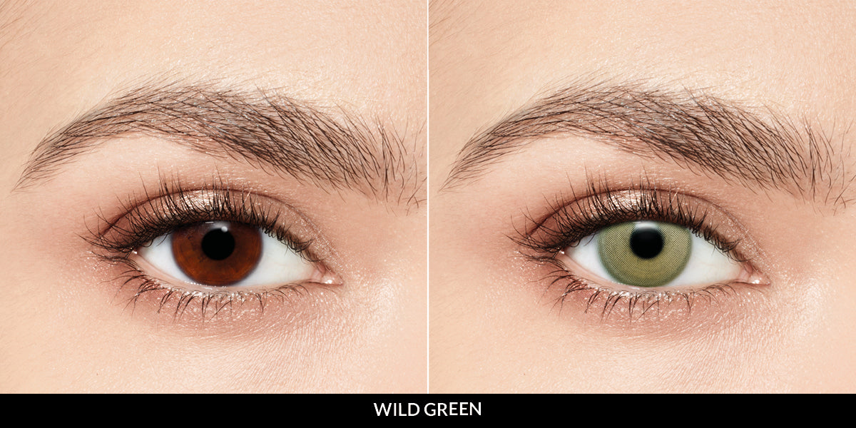 Desio quarterly two-tone green contact lenses from the Attitude Collection, designed for a natural, wild look that complements all prescriptions.