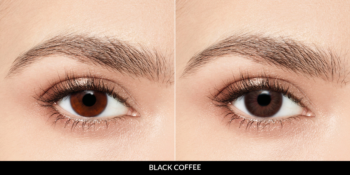 Desio black coffee colored contact lens, available with or without prescription, suitable for all eye colors, renders a natural and warm look.