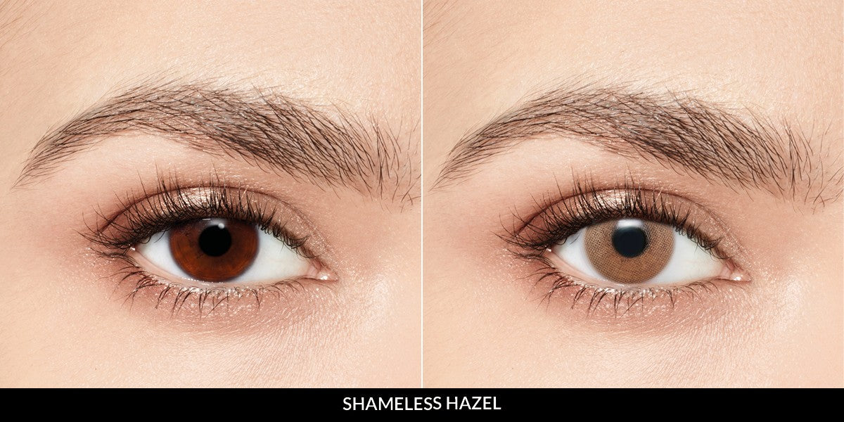 Natural-looking hazel Desio contact lenses with UV protection and 54% water content, providing a subtle, beautiful hazel hue to the eye color.